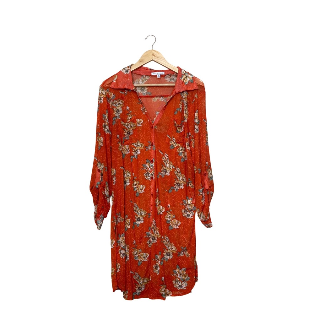 Notations Womens 2X Orange Floral‎ Polka Dot Mesh Button Front Tunic Top